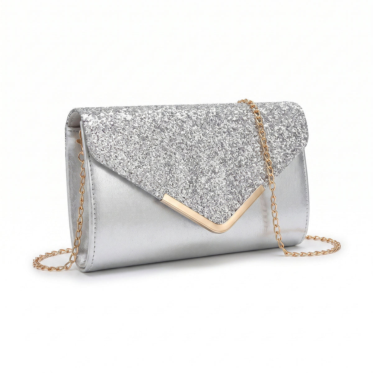 ROSELLE White Glitter Handbag with Chain Strap