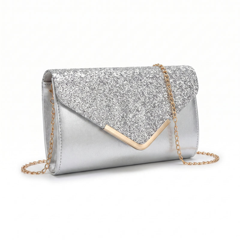 ROSELLE White Glitter Handbag with Chain Strap | Elegant Women's Clutch