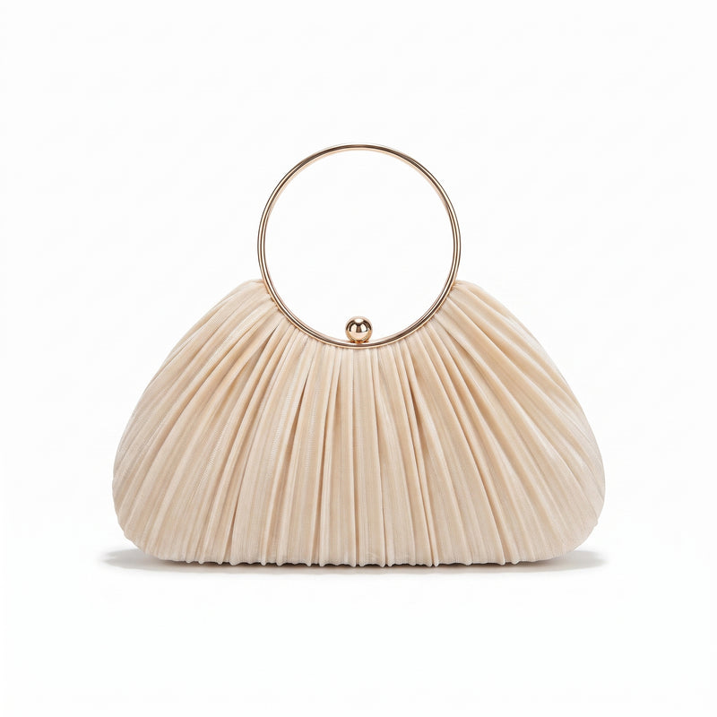 Elegant Beige Satin Pleated Evening Clutch Bag with Gold Ring Handle